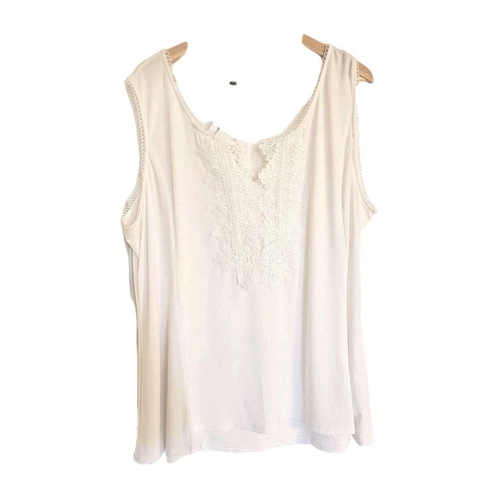 Roz Ali‎ Blouse Size 3x Sleeveless White Lace Neckline Hemp